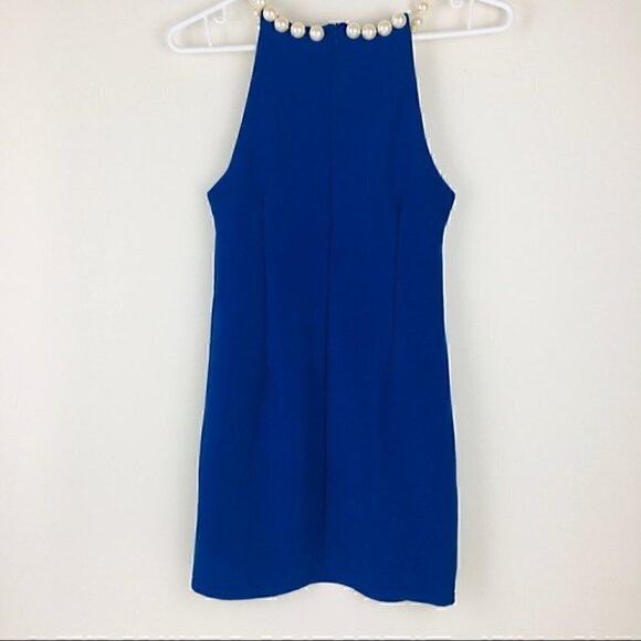 Royal Blue Large Pearl  Neckline Mini Dress - Picture 2 of 6
